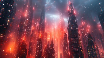 Futuristic Cityscape with Red Lights and Fog