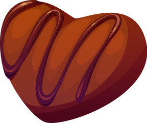 Cartoon valentine chocolate heart candy with a smooth, rich surface. Vector festive sweets and confectionery. with dark brown drizzle on top and enticing texture. Valentines day festive sweet treat
