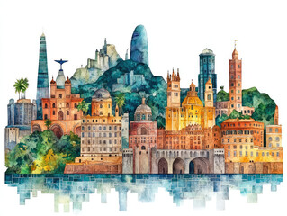 Naklejka premium Brazil, Vibrant collage of famous city skylines with tropical landscape 