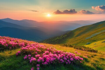 Pink flowers bloom on a hillside. Perfect for nature, travel, and beauty projects.