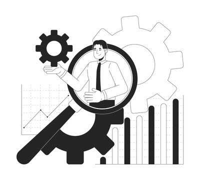 recommend clip art: Digital business analytics black and white 2D illustration concept. Cogs charts. Accounting analyst magnifying glass outline character isolated. Competitor analysis metaphor monochrome vector art