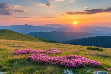 Sunset over a grassy mountain. Perfect for a travel, nature, or summer theme.
