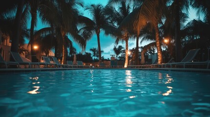 Fototapeta premium Serene Poolside at Dusk Surrounded by Palm Trees