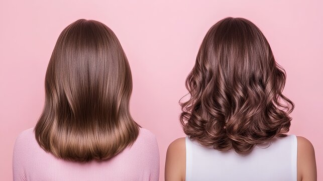 Image of a woman with straight hair before curling and after curling, shown from the back. 
