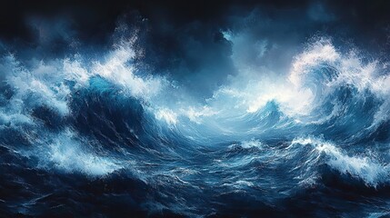 Fototapeta premium Abstract blue sea with giant wave drawing concept.