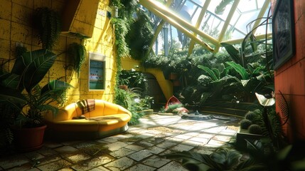 Sunlit Interior of a Lush Overgrown Greenhouse with Yellow Walls