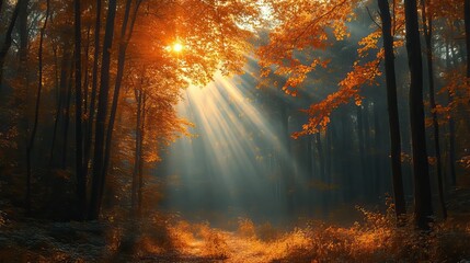 Sunrays illuminating a beautiful autumn forest scene.