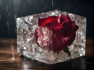 Meaningful Still Life Portrait of a Red Rose Melted into an Ice Cube on a Wooden Table, Set Against a Black Background with Drizzles