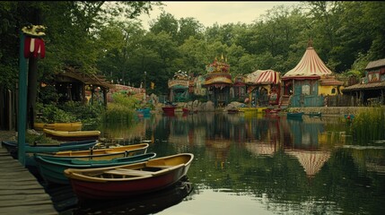 Enchanting Lake with Colorful Boats and Amusement Park