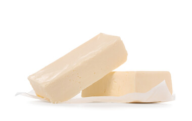 Baking paper with fresh butter on white background