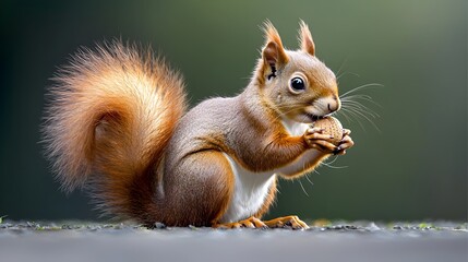 Obraz premium Closeup side view of a red squirrel holding a nut against a soft lavender background showcasing its bushy tail and advanced color tones in a tetradic color scheme