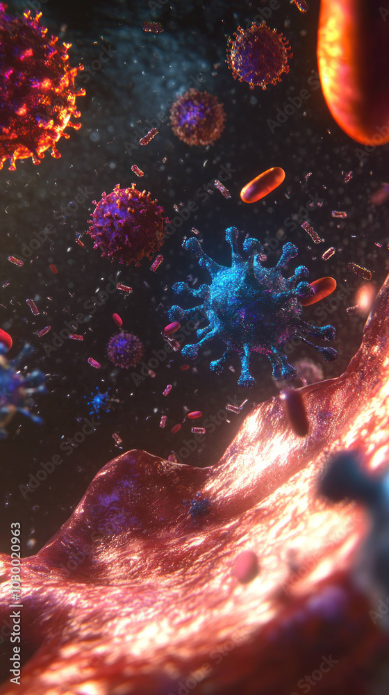 Poster vibrant close up view of blood cells and antibodies interacting in dynamic environment, showcasing complexity of immune response