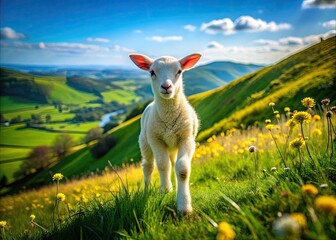 Obraz premium Delightful aerial shot of a cute little lamb playing in a beautiful pasture, highlighting its innocence amidst vibrant fields and picturesque landscapes in the background.