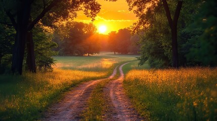 Obraz premium Green trees and a dirt road in a countryside setting at sunrise.