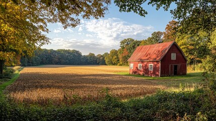 Obraz premium A red barn house in a quiet rural field with trees and blue sky in the background