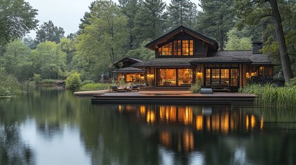 Obraz premium Lakeside home with a large deck and garden, surrounded by pine trees.