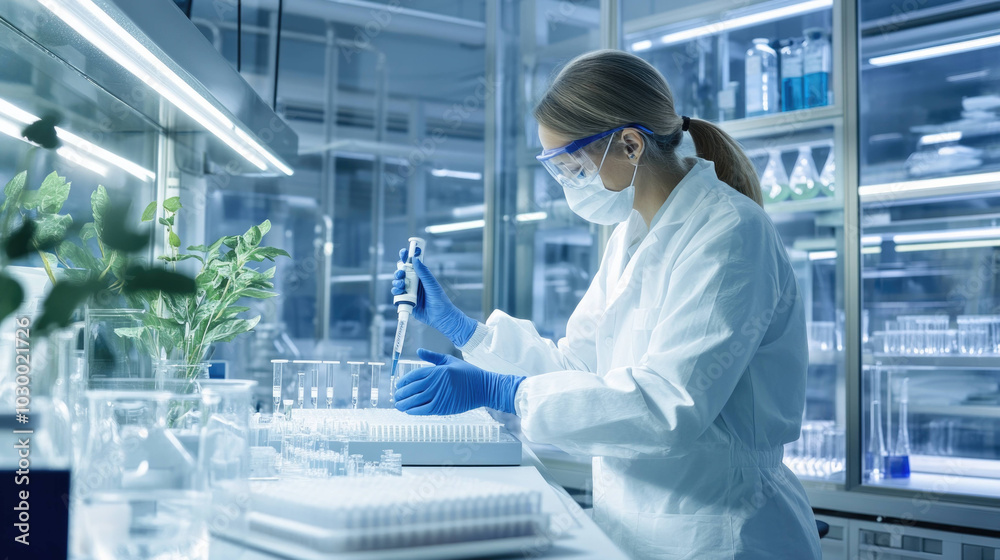 Poster focused scientist in full protective suit is conducting experiments in modern laboratory, showcasing