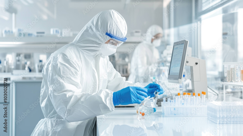 Poster focused scientist in full protective suit analyzes samples in modern laboratory, showcasing dedicati