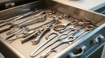 Fototapeta premium Surgical Instruments in Drawer: A close-up view of a drawer filled with gleaming surgical instruments, ready for use in a sterile environment.