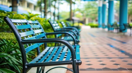 Blue Metal Bench in a Park Setting