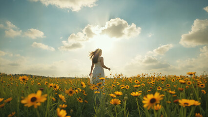 黄色い花畑に立つ白いワンピースの女性