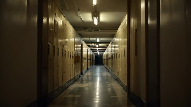 An empty school hallway with blue lockers on one side and tiled walls on the other. The floor is wet and reflective, The faint sound of lockers slamming shut echoes down the long corridor