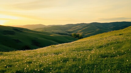 Fototapeta premium Serene Rolling Green Hills with Wildflowers