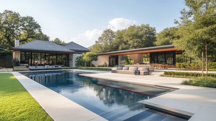 Fototapeta premium Modern House with Pool and Lush Landscape
