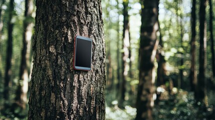 Fototapeta premium Lost Connection: Smartphone nestled in a forest tree trunk. A digital device in a natural setting. Exploring themes of disconnect, nature, technology, and the outdoors. 