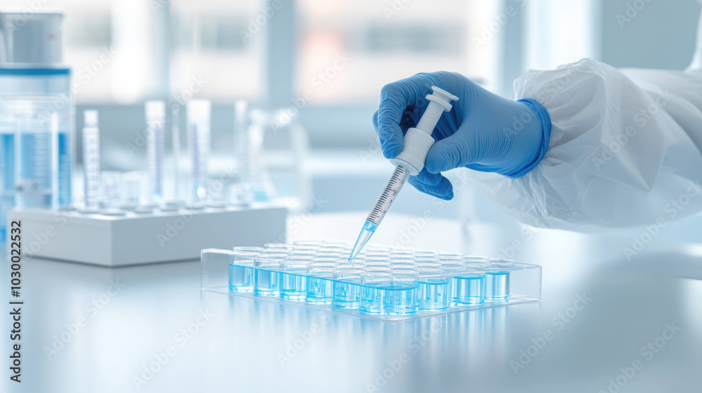 Poster scientist in protective suit carefully uses pipette to transfer liquid into test tubes, showcasing p