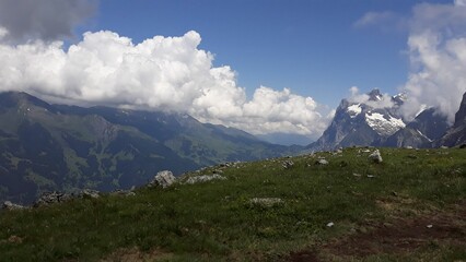 Fototapeta premium Panoramic view of Alps in Switzerland. Rock, high mountains in South Europe. 