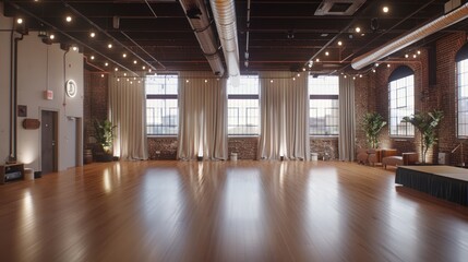 Naklejka premium Empty Industrial Loft Space with Wooden Floor and Large Windows