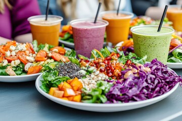 A vibrant assortment of colorful salads and smoothies, highlighting fresh ingredients and healthy eating.