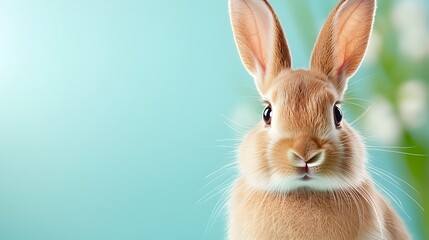 Obraz premium Adorable and fluffy rabbit sitting on a soft green backdrop with studio lighting creating a perfect image for Easter themed holiday inspired artwork