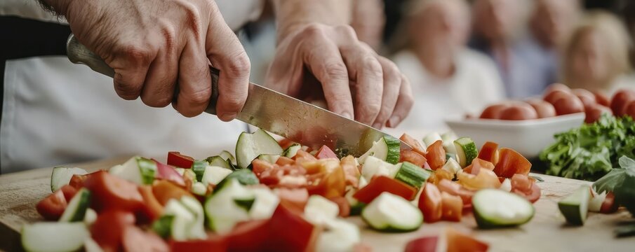A chef skillfully chops fresh vegetables on a wooden cutting board, showcasing culinary techniques in a lively cooking environment.
