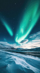 Fototapeta premium stunning aurora borealis illuminates snowy landscape, creating magical atmosphere under starry sky. vibrant green lights dance above serene terrain, captivating all who witness it