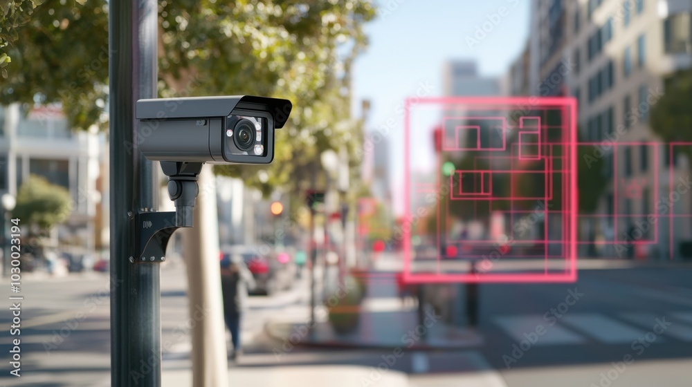 Fototapete city surveillance camera with computer vision that recognizes objects and faces to identify threats 