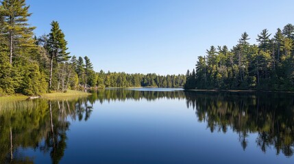 Obraz premium Serene Lake Surrounded by Towering Pine Trees