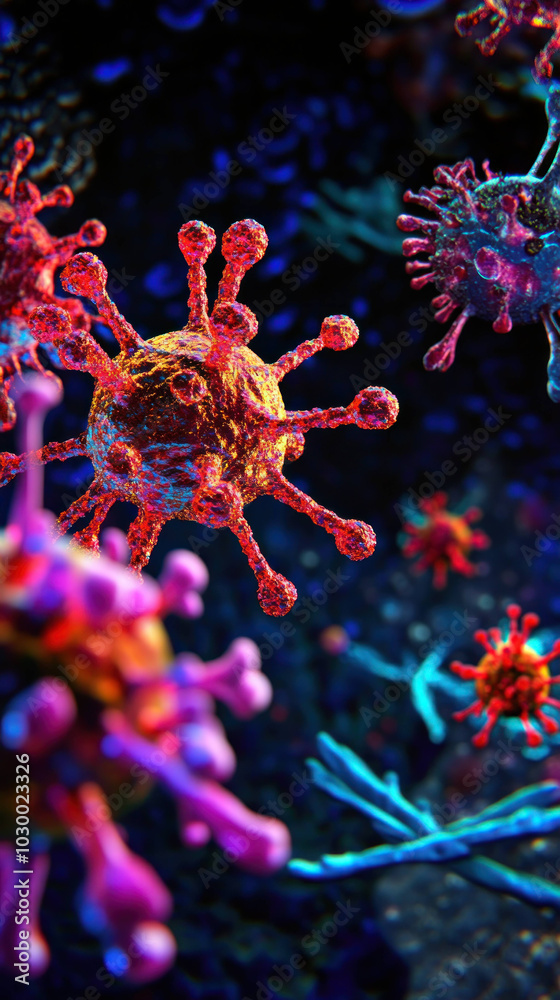 Poster Vivid macro image of colorful viruses showcasing intricate details and structures, highlighting their unique shapes and textures in microscopic environment