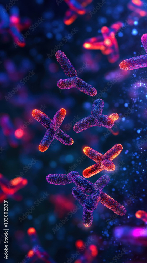 Poster Vivid macro image of antibodies in colorful, abstract representation, showcasing their intricate structure and vibrant colors against dark background