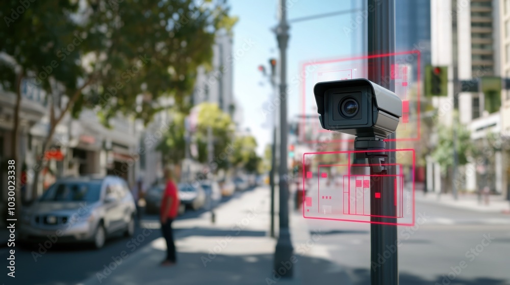 Fototapete City surveillance camera with computer vision that recognizes objects and faces to identify threats and intelligent traffic control