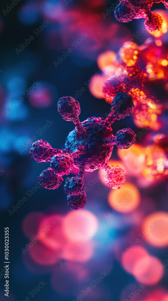 Aufkleber vivid macro image of virus structure, showcasing intricate details and vibrant colors. glowing elements highlight complexity of microscopic world, evoking curiosity and wonder