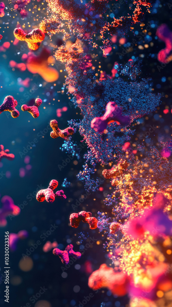 Poster vivid macro image showcasing colorful antibodies in dynamic environment, highlighting their intricate structures and interactions. vibrant colors and details evoke sense of wonder and complexity in