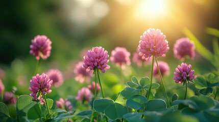Fototapeta premium Pink clover flowers dot a green field in a serene summer nature scene.