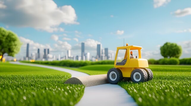 Automated Road Construction Site with Robots Laying Smart City Materials