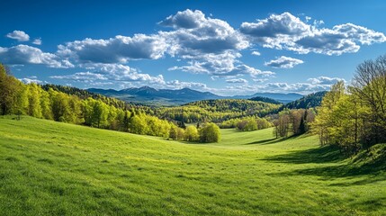 Fototapeta premium A picturesque view of rolling green hills and a valley with trees and a mountain range in the distance under a blue sky with white clouds.