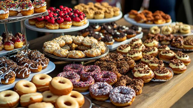 A table full of delicious, freshly baked donuts with various toppings like chocolate, sprinkles, and nuts, are on display at a bakery