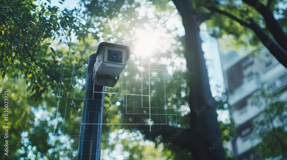 Leinwandbilder city surveillance camera with computer vision that recognizes objects and faces to identify threats 