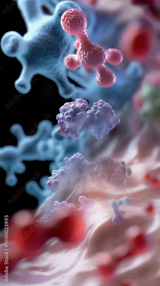 Poster artistic macro image of blood showcasing antibodies and cells interacting in vibrant, colorful displ