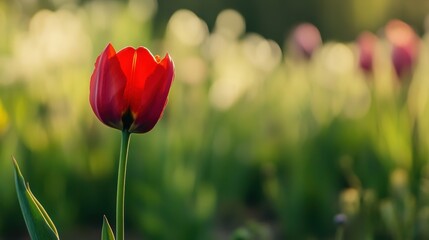 Obraz premium Single Bright Red Tulip Standing in A Field of Green